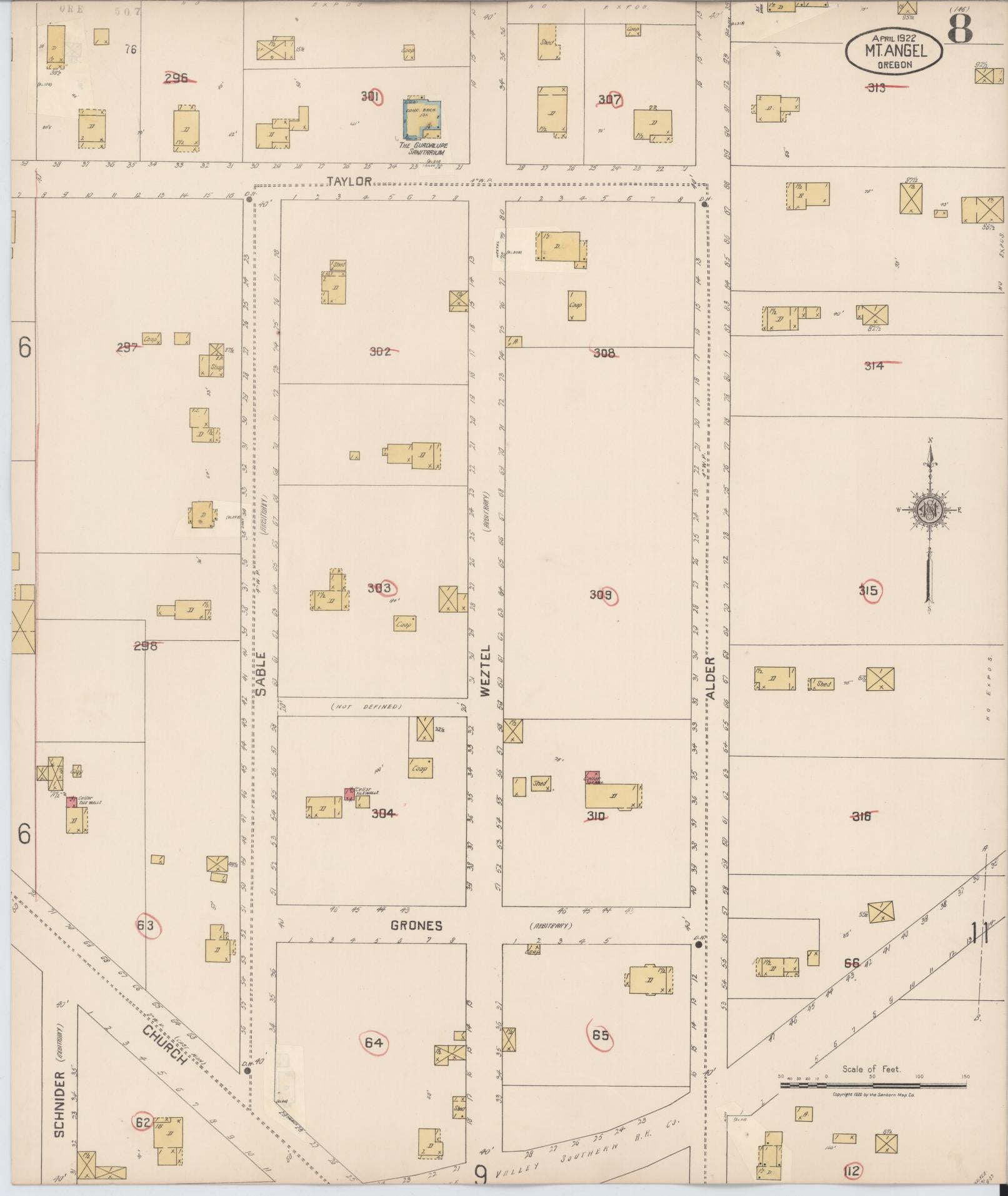 Sanborn Fire Insurance Map from Mount Angel, Marion County, Oregon (1931), Sheet #0008 - Complete Map Set gallery image, historic Sanborn map, vintage wall art, Oregon Oregon