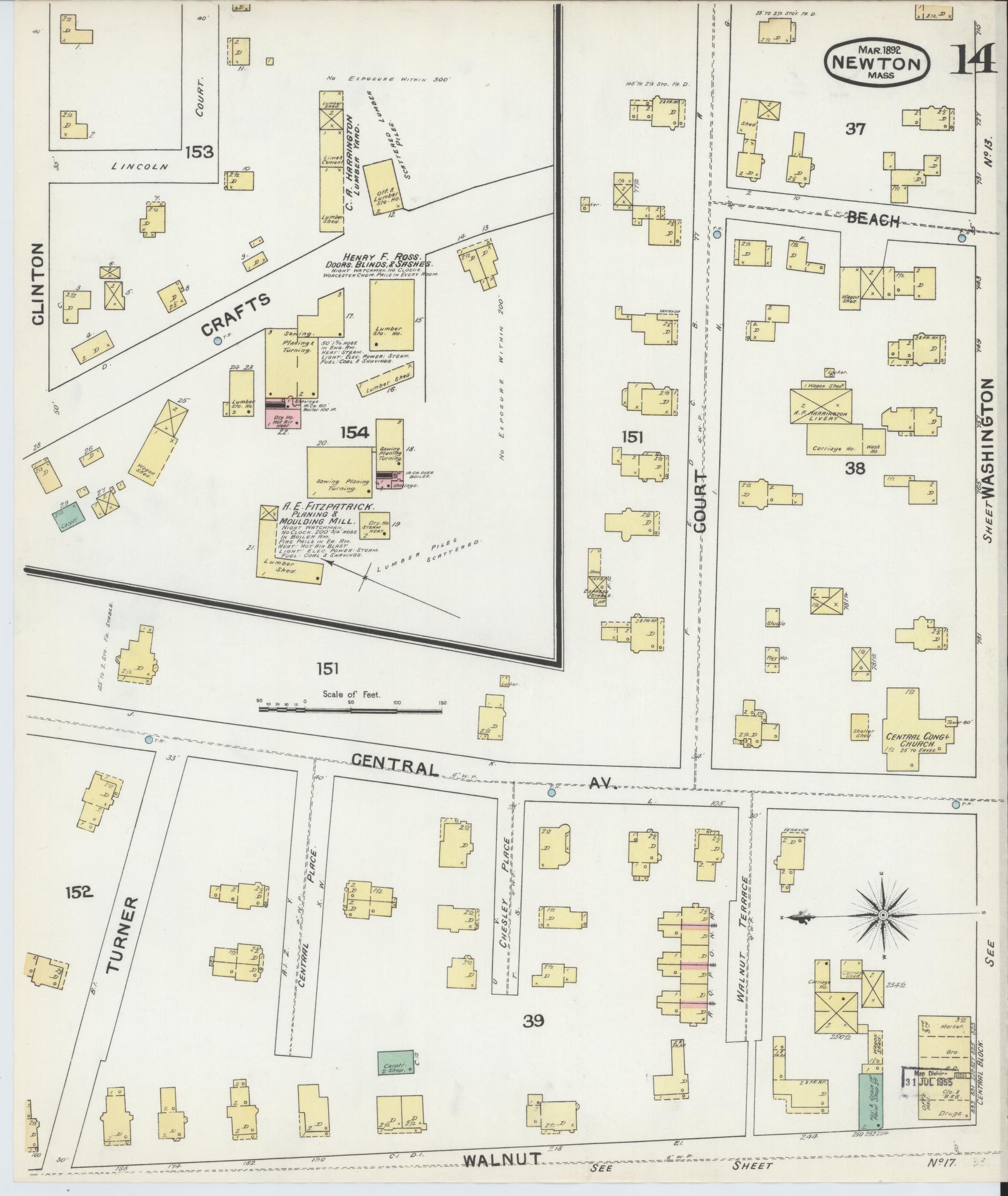 Sanborn Fire Insurance Map from Newton, Middlesex County, Massachusetts (1892), Sheet #0014 - Complete Map Set gallery image, historic Sanborn map, vintage wall art, Massachusetts Massachusetts