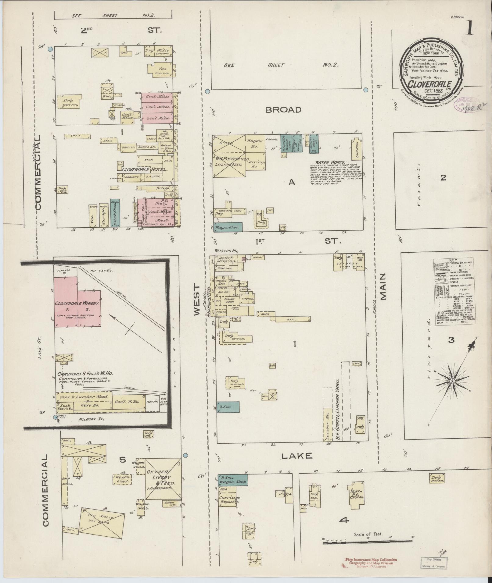 Sanborn Fire Insurance Map from Cloverdale, Sonoma County, California (1885), Sheet #0001 - Historic Sanborn Fire Insurance Map Print, vintage old map wall art, antique decor, genealogy gift, California California map