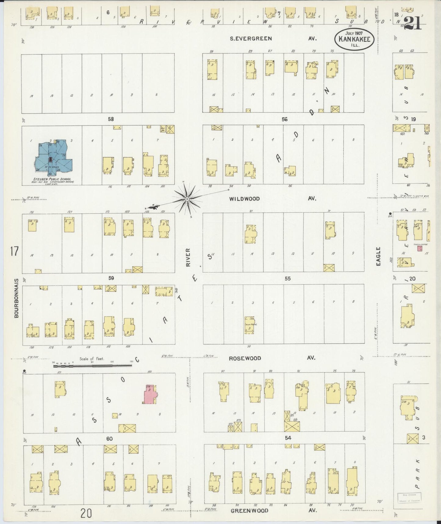 Sanborn Fire Insurance Map from Kankakee, Kankakee County, Illinois (1907), Sheet #0021 - Historic Sanborn Fire Insurance Map Print, vintage old map wall art, antique decor, genealogy gift, Illinois Illinois map
