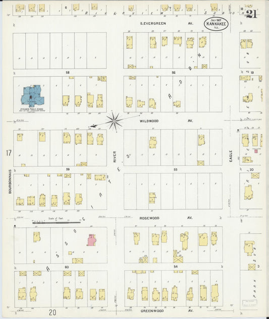 Sanborn Fire Insurance Map from Kankakee, Kankakee County, Illinois (1907), Sheet #0021 - Historic Sanborn Fire Insurance Map Print, vintage old map wall art, antique decor, genealogy gift, Illinois Illinois map