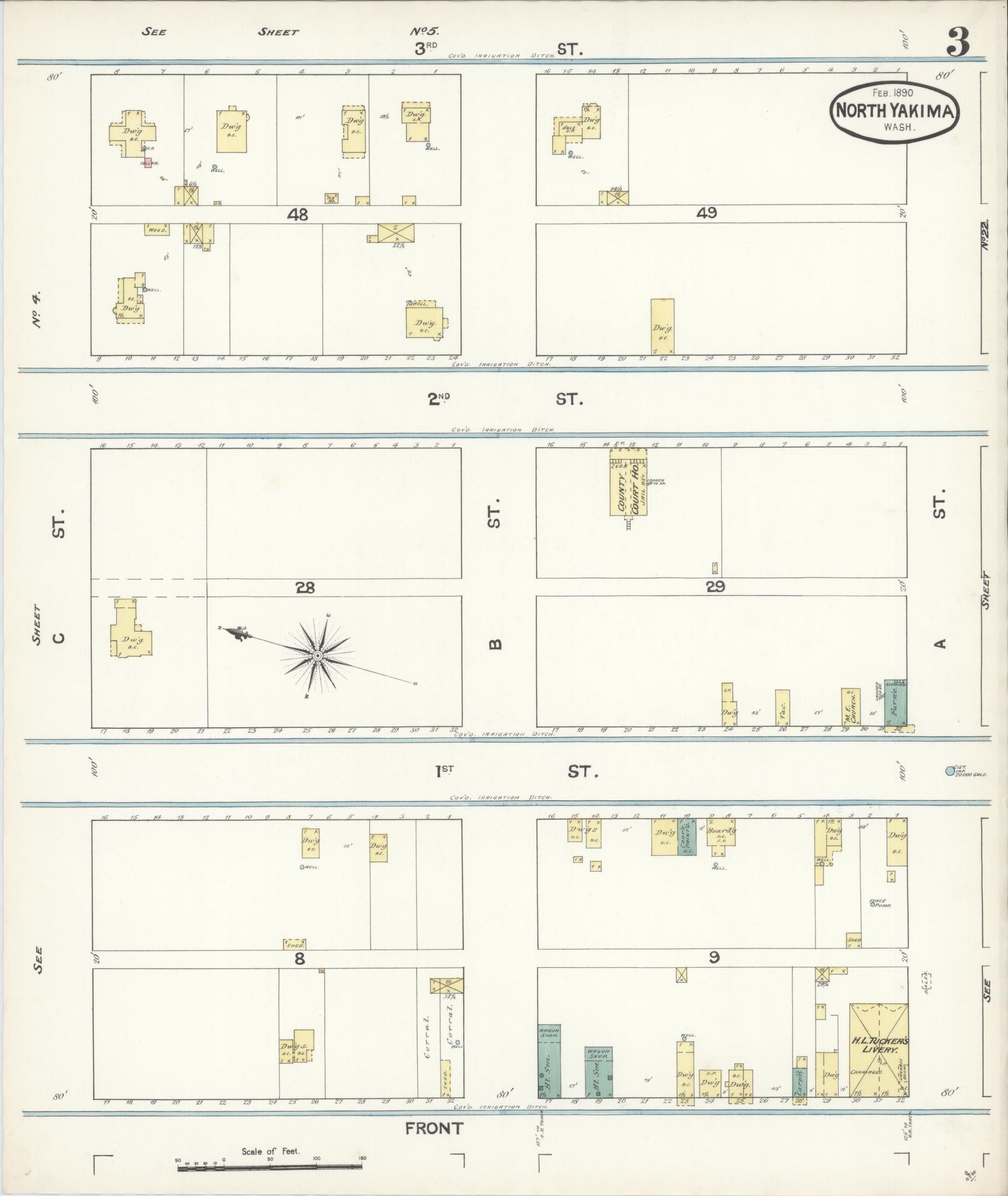 Sanborn Fire Insurance Map from North Yakima, Yakima County, Washington (1890), Sheet #0003 - Complete Map Set gallery image, historic Sanborn map, vintage wall art, Washington Washington