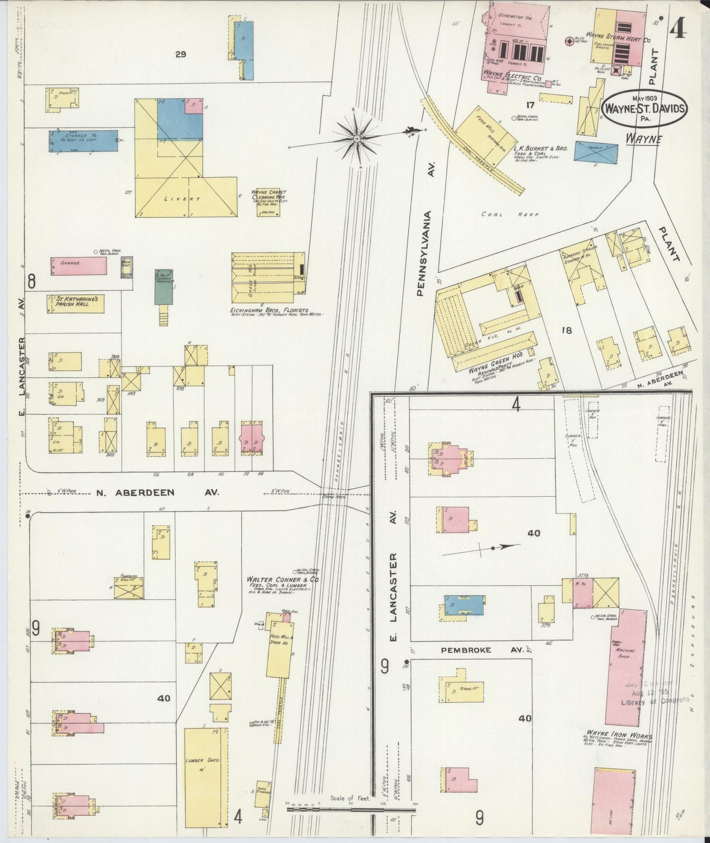 Sanborn Fire Insurance Map from Wayne, Delaware County, Pennsylvania (1909), Sheet #0004 - Complete Map Set gallery image, historic Sanborn map, vintage wall art, Wayne Delaware
