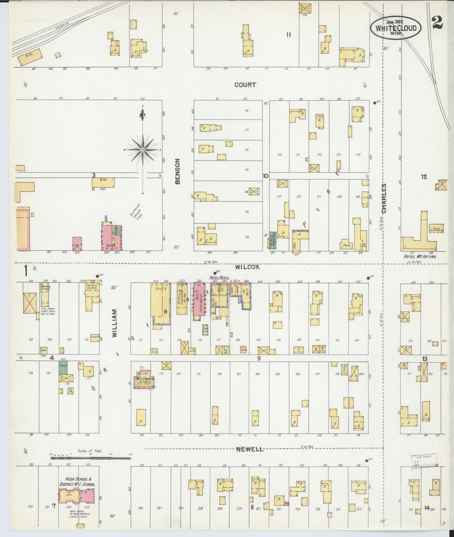 Sanborn Fire Insurance Map from White Cloud, Newaygo County, Michigan (1902), Sheet #0002 - Historic Sanborn Fire Insurance Map Print, vintage old map wall art, antique decor, genealogy gift, Michigan Michigan map