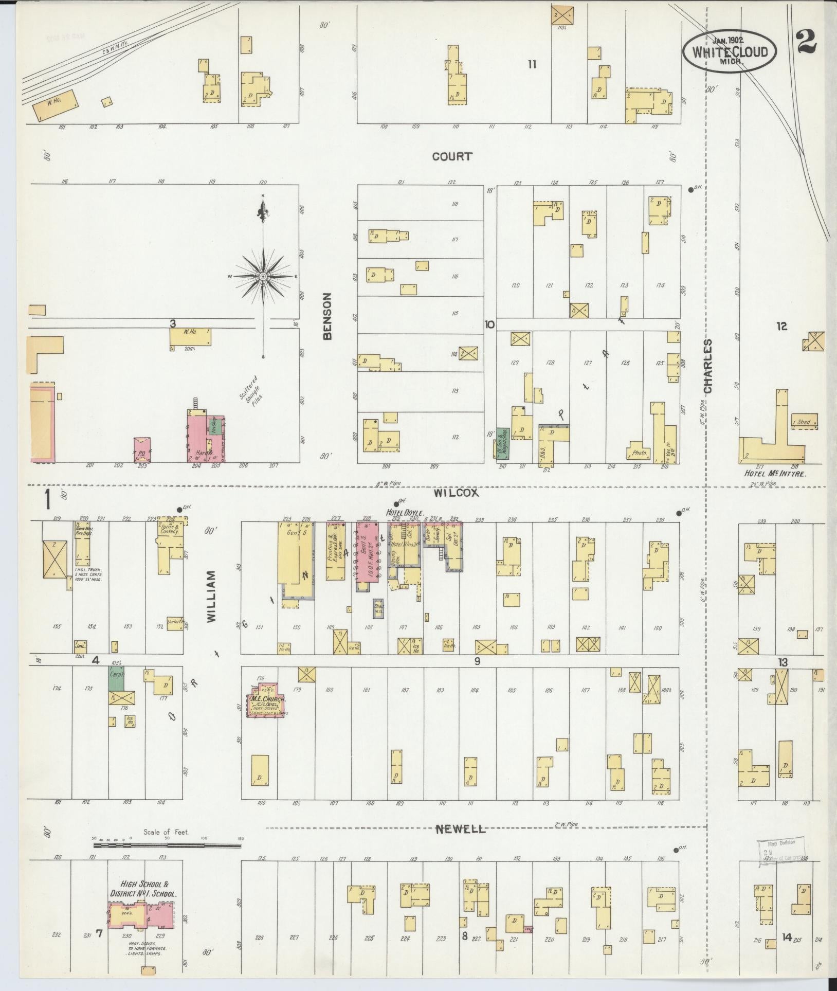 Sanborn Fire Insurance Map from White Cloud, Newaygo County, Michigan (1902), Sheet #0002 - Historic Sanborn Fire Insurance Map Print, vintage old map wall art, antique decor, genealogy gift, Michigan Michigan map