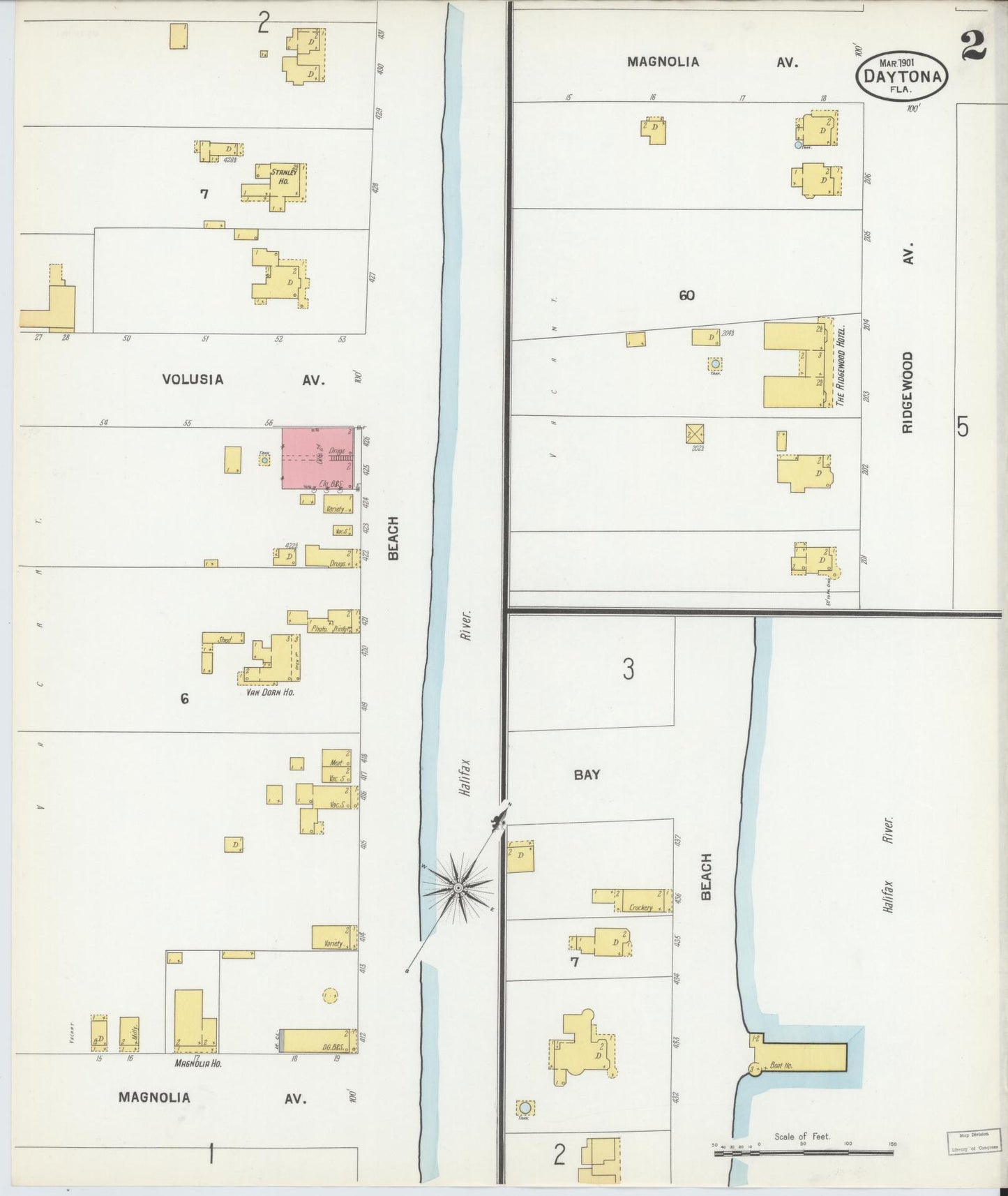 Sanborn Fire Insurance Map from Daytona, Volusia County, Florida (1901), Sheet #0002 - Historic Sanborn Fire Insurance Map Print, vintage old map wall art, antique decor, genealogy gift, Florida Florida map