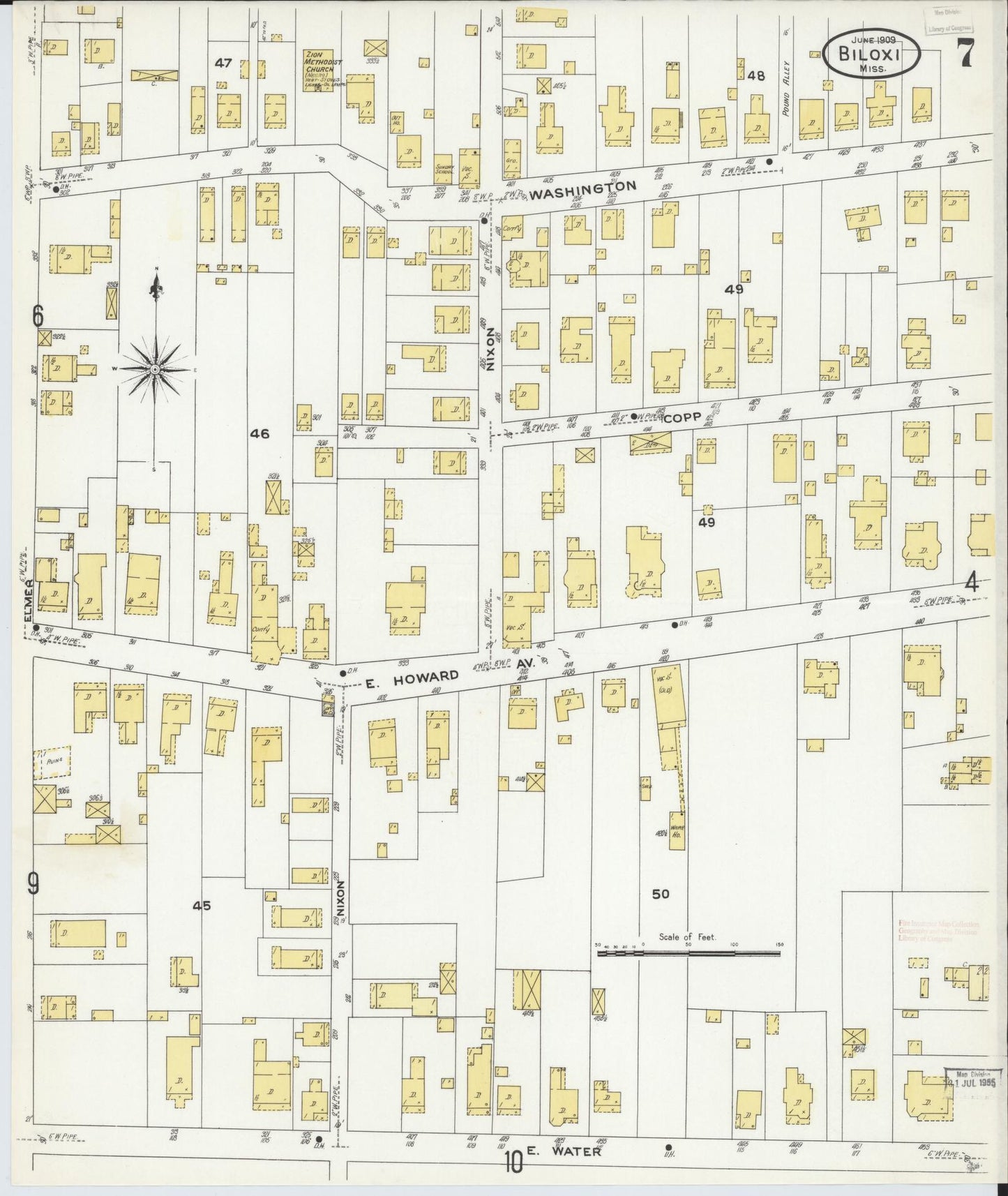 Sanborn Fire Insurance Map from Biloxi, Harrison County, Mississippi (1909), Sheet #0007 - Complete Map Set gallery image, historic Sanborn map, vintage wall art, Mississippi Mississippi