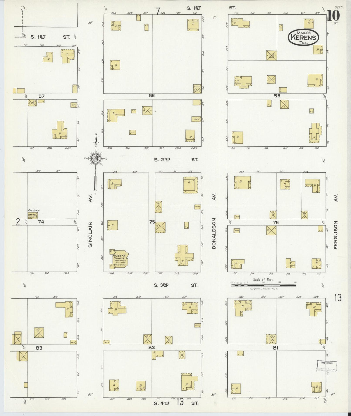 Sanborn Fire Insurance Map from Kerens, Navarro County, Texas (1921), Sheet #0010 - Complete Map Set gallery image, historic Sanborn map, vintage wall art, Texas Texas