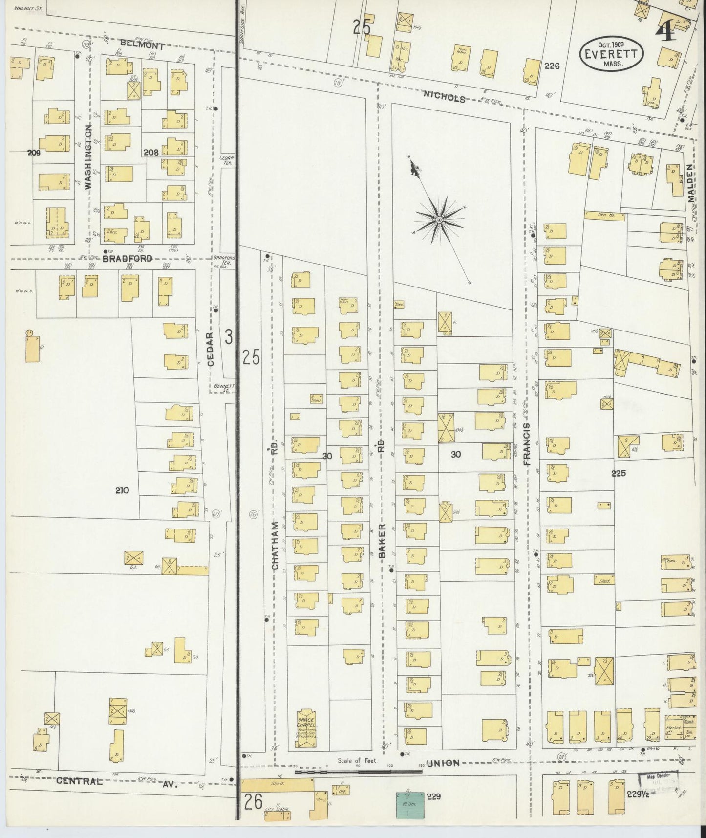 Sanborn Fire Insurance Map from Everett, Middlesex County, Massachusetts (1903), Sheet #0004 - Historic Sanborn Fire Insurance Map Print, vintage old map wall art, antique decor, genealogy gift, Massachusetts Massachusetts map