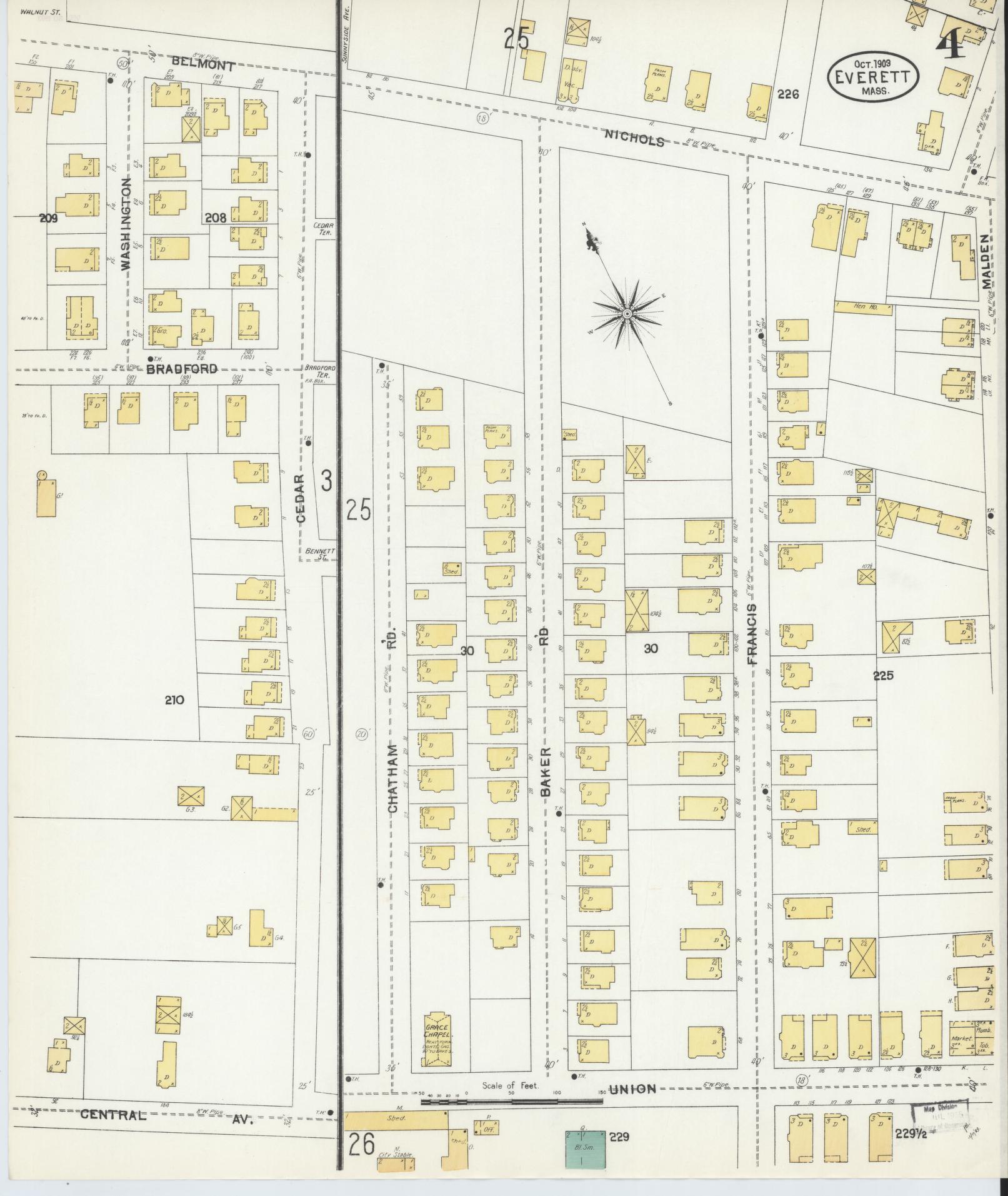 Sanborn Fire Insurance Map from Everett, Middlesex County, Massachusetts (1903), Sheet #0004 - Historic Sanborn Fire Insurance Map Print, vintage old map wall art, antique decor, genealogy gift, Massachusetts Massachusetts map
