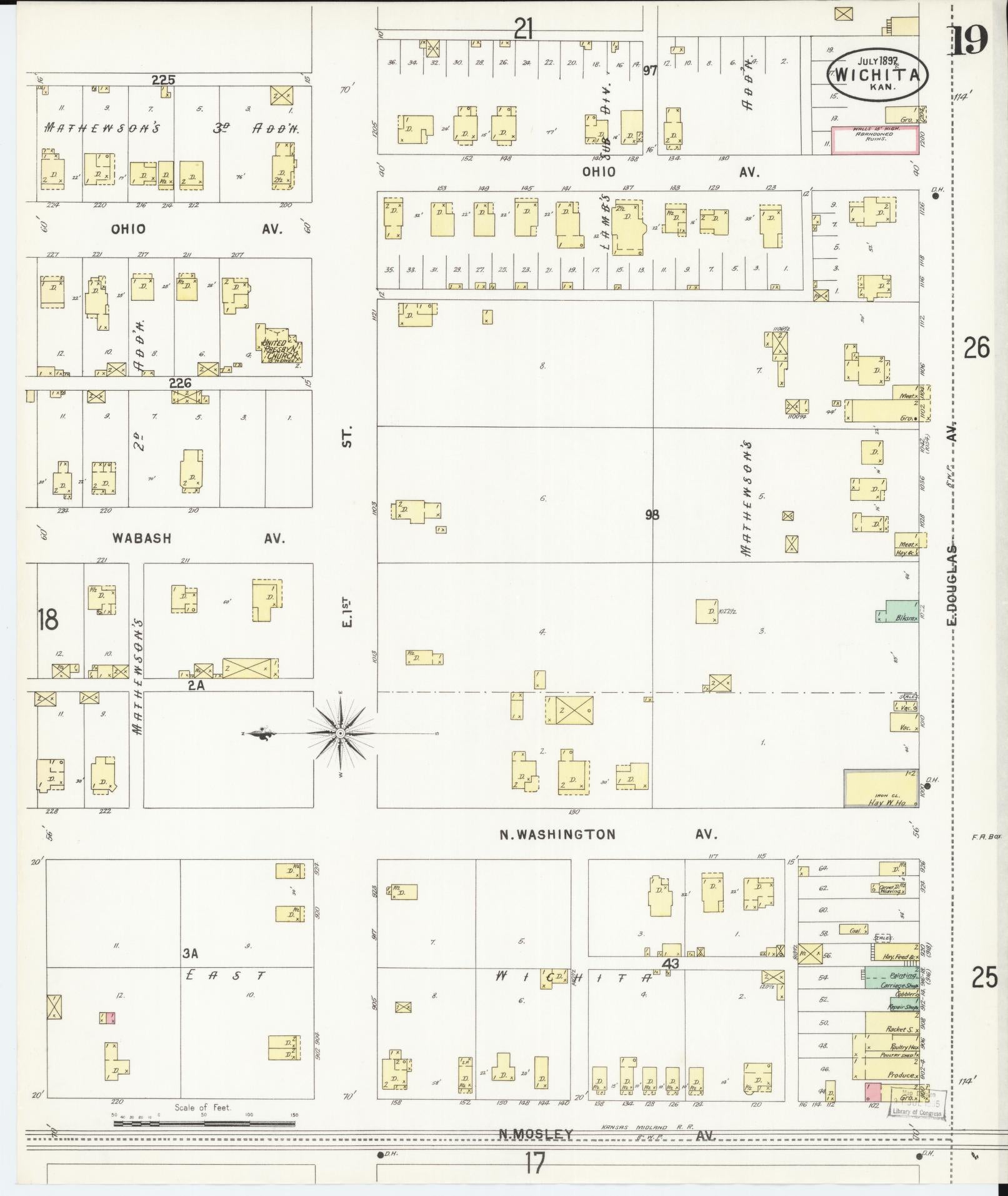 Sanborn Fire Insurance Map from Wichita, Sedgwick County, Kansas (1897), Sheet #0019 - Historic Sanborn Fire Insurance Map Print, vintage old map wall art, antique decor, genealogy gift, Kansas Kansas map
