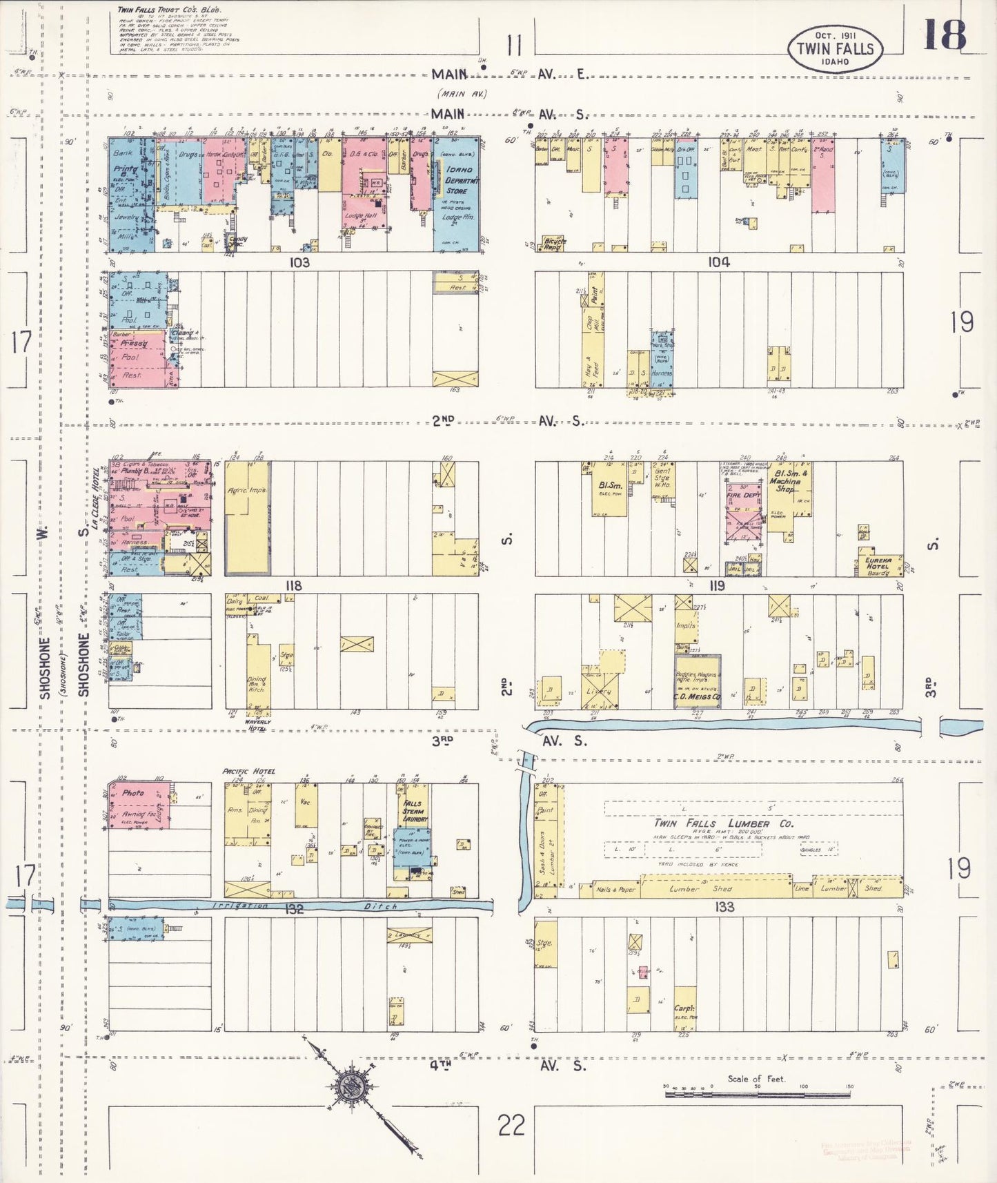 Sanborn Fire Insurance Map from Twin Falls, Twin Falls County, Idaho (1911), Sheet #0018 - Complete Map Set gallery image, historic Sanborn map, vintage wall art, Falls Idaho