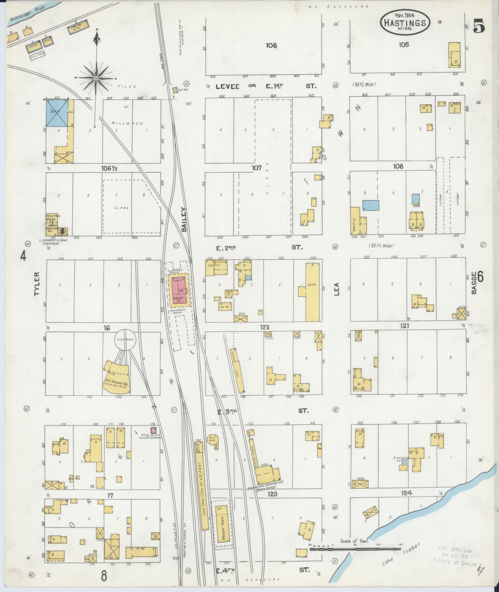 Sanborn Fire Insurance Map from Hastings, Dakota County, Minnesota (1904), Sheet #0005 - Historic Sanborn Fire Insurance Map Print, vintage old map wall art, antique decor, genealogy gift, Minnesota Minnesota map
