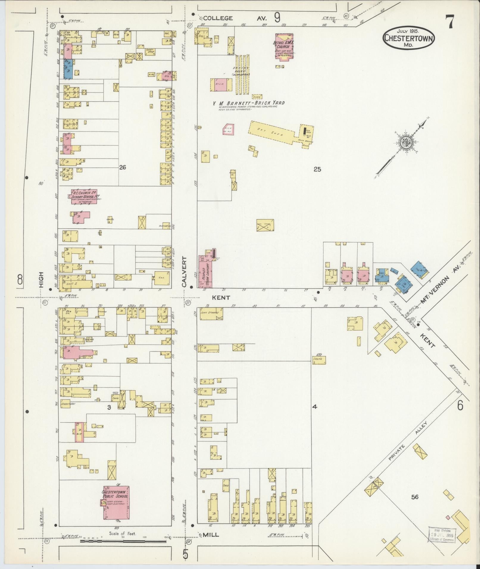Kent, Maryland - 1915 - Sanborn Fire Insurance Map, Sheet #0007 - Historic Sanborn Fire Insurance Map Print, Kent Maryland 1915 0007 vintage old map wall art