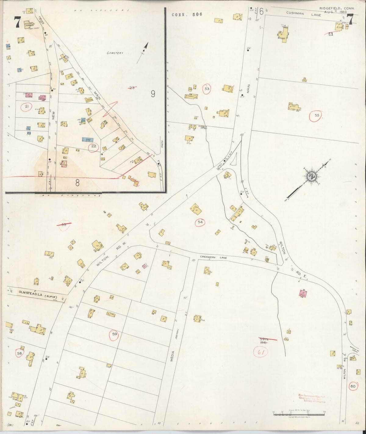 Sanborn Fire Insurance Map from Ridgefield, Fairfield County, Connecticut (1940), Sheet #0007 - Historic Sanborn Fire Insurance Map Print, vintage old map wall art, antique decor, genealogy gift, Connecticut Connecticut map