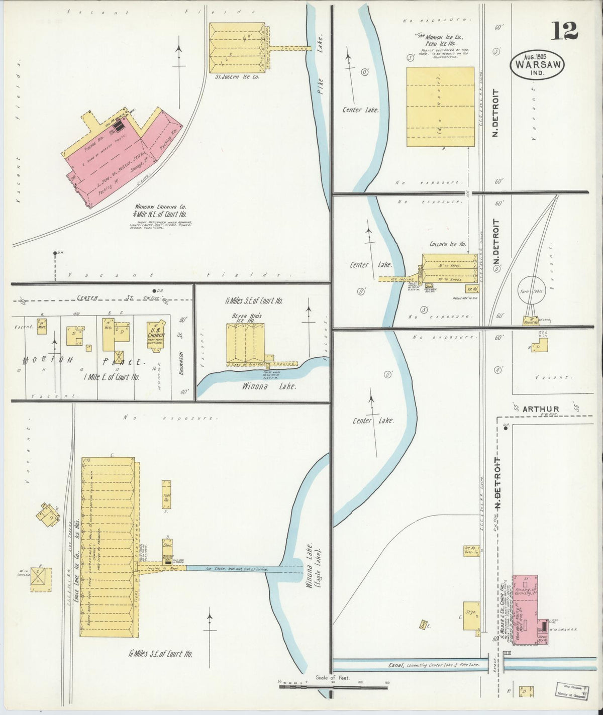 Sanborn Fire Insurance Map from Warsaw, Kosciusko County, Indiana (1905), Sheet #0012 - Historic Sanborn Fire Insurance Map Print, vintage old map wall art, antique decor, genealogy gift, Indiana Indiana map