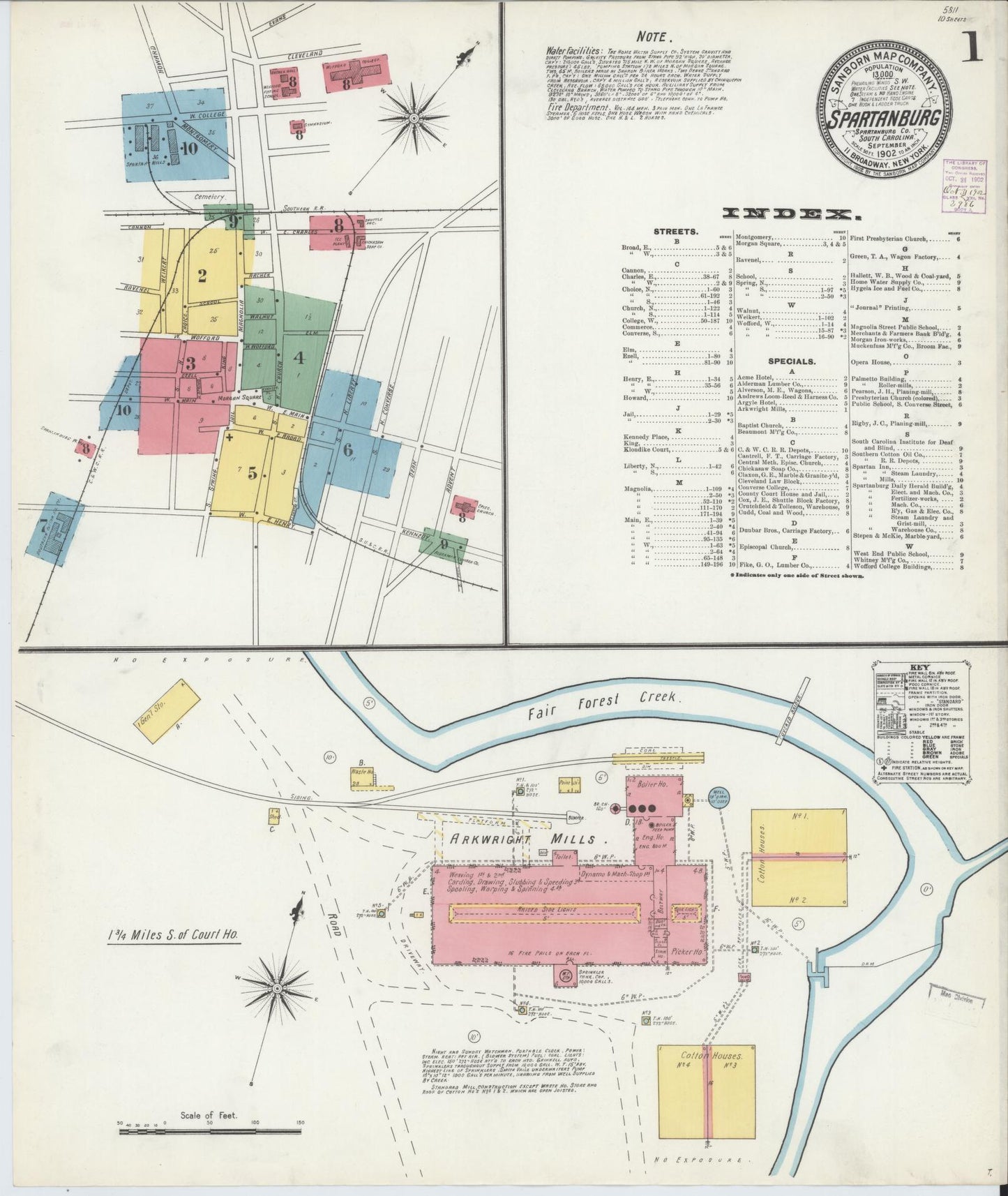 Sanborn Fire Insurance Map from Spartanburg, Spartanburg County, South Carolina (1902), Sheet #0001 - Historic Sanborn Fire Insurance Map Print, vintage old map wall art, antique decor, genealogy gift, South Carolina South Carolina map