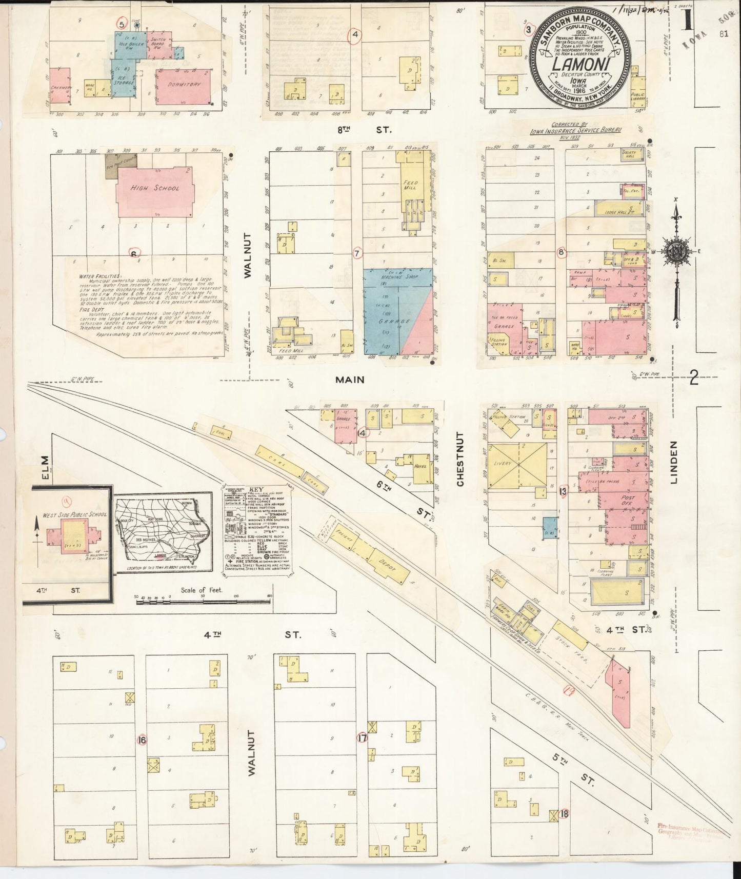 Sanborn Fire Insurance Map from Lamoni, Decatur County, Iowa (1932), Sheet #0001 - Historic Sanborn Fire Insurance Map Print, vintage old map wall art