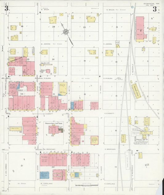 Sanborn Fire Insurance Map from Pocahontas, Randolph County, Arkansas (1933), Sheet #0003 - Historic Sanborn Fire Insurance Map Print, vintage old map wall art, antique decor, genealogy gift, Arkansas Arkansas map