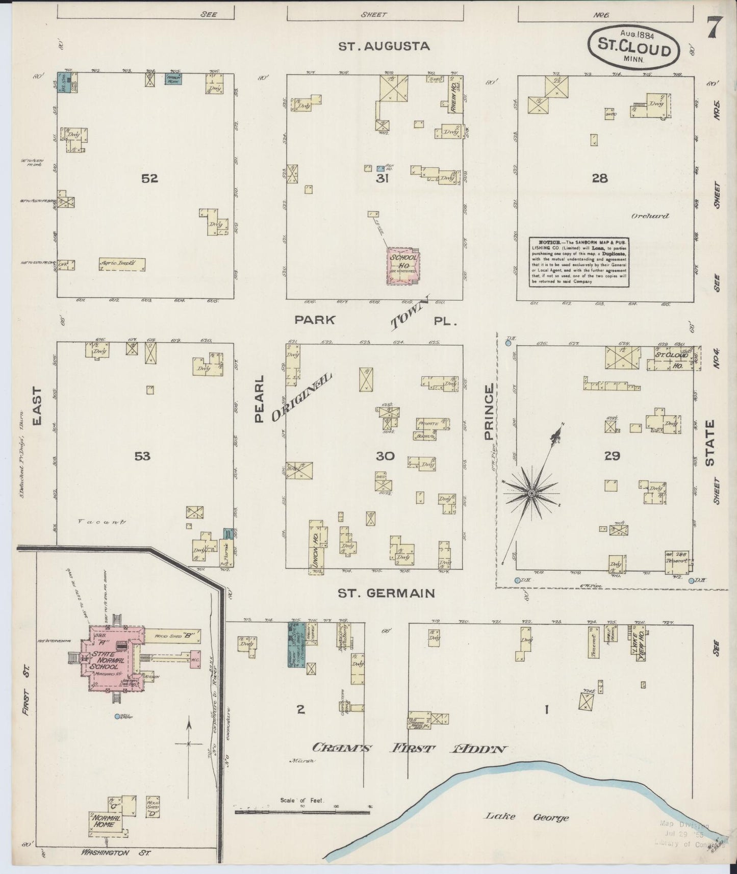 Sanborn Fire Insurance Map from Saint Cloud, Stearns, Benton, and Sherburne Counties, Minnesota (1884), Sheet #0007 - Historic Sanborn Fire Insurance Map Print, vintage old map wall art, antique decor, genealogy gift, Minnesota Minnesota map