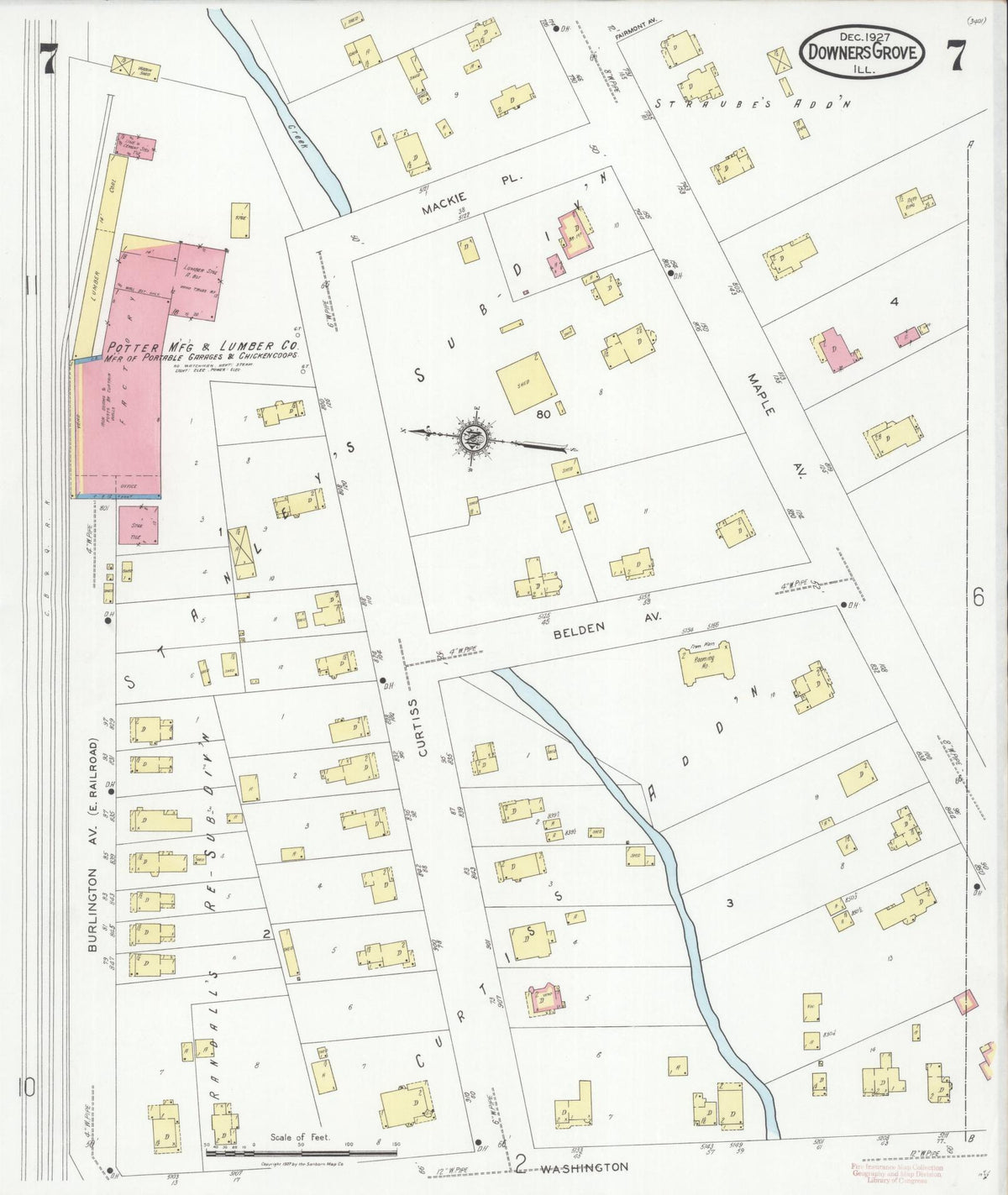 Sanborn Fire Insurance Map from Downers Grove, Dupage County, Illinois (1927), Sheet #0007 - Complete Map Set gallery image, historic Sanborn map, vintage wall art, Illinois Illinois