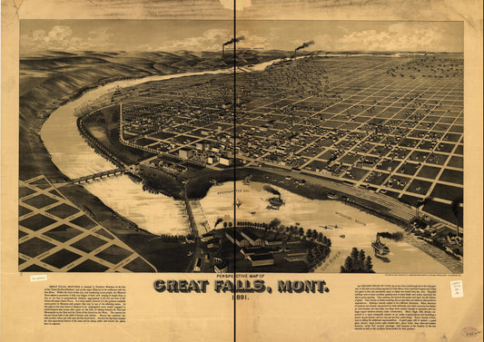 Perspective map of Great Falls, Mont. 1891. (1891) – Historic Bird’s-Eye View Panorama Print