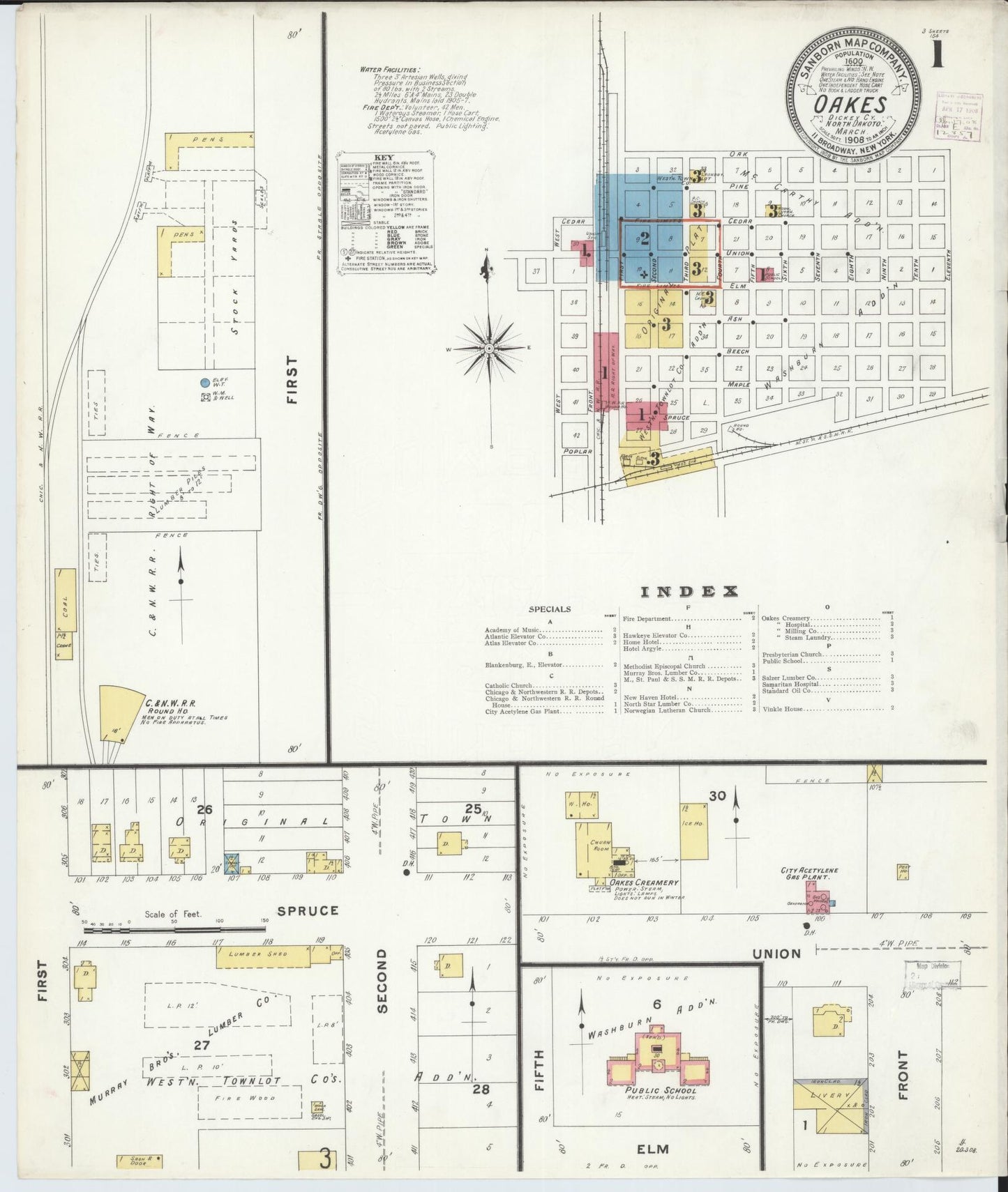 Sanborn Fire Insurance Map from Oakes, Dickey County, North Dakota (1908), Sheet #0001 - Historic Sanborn Fire Insurance Map Print, vintage old map wall art, antique decor, genealogy gift, North Dakota North Dakota map