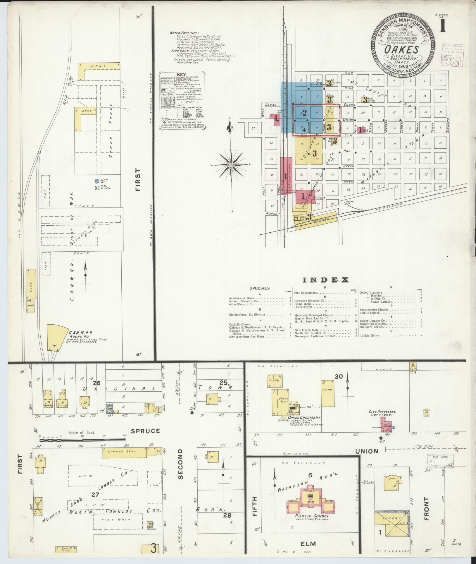 Sanborn Fire Insurance Map from Oakes, Dickey County, North Dakota (1908), Sheet #0001 - Historic Sanborn Fire Insurance Map Print, vintage old map wall art, antique decor, genealogy gift, North Dakota North Dakota map