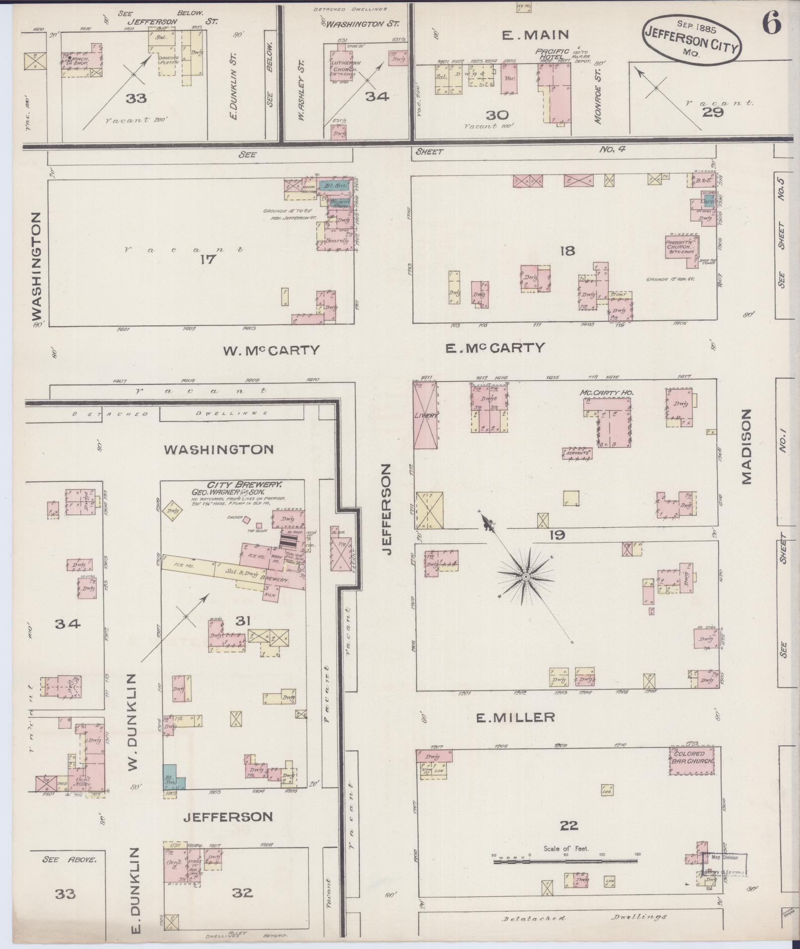 Sanborn Fire Insurance Map from Jefferson City, Cole County, Missouri (1885), Sheet #0006 - Historic Sanborn Fire Insurance Map Print, vintage old map wall art, antique decor, genealogy gift, Missouri Missouri map