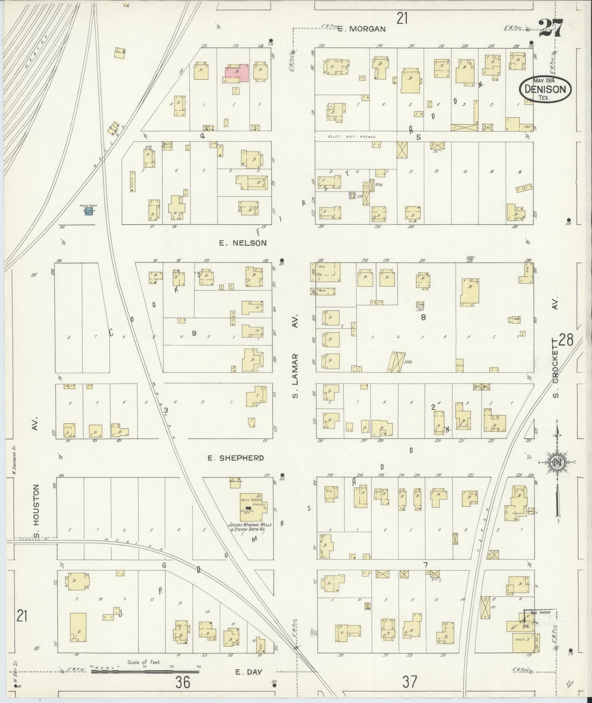 Sanborn Fire Insurance Map from Denison, Grayson County, Texas (1914), Sheet #0027 - Complete Map Set gallery image, historic Sanborn map, vintage wall art, Texas Texas