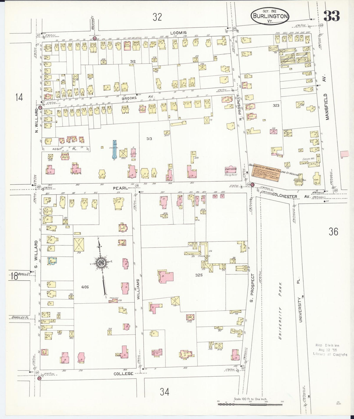 Sanborn Fire Insurance Map from Burlington, Chittenden County, Vermont (1912), Sheet #0033 - Historic Sanborn Fire Insurance Map Print, vintage old map wall art, antique decor, genealogy gift, Vermont Vermont map