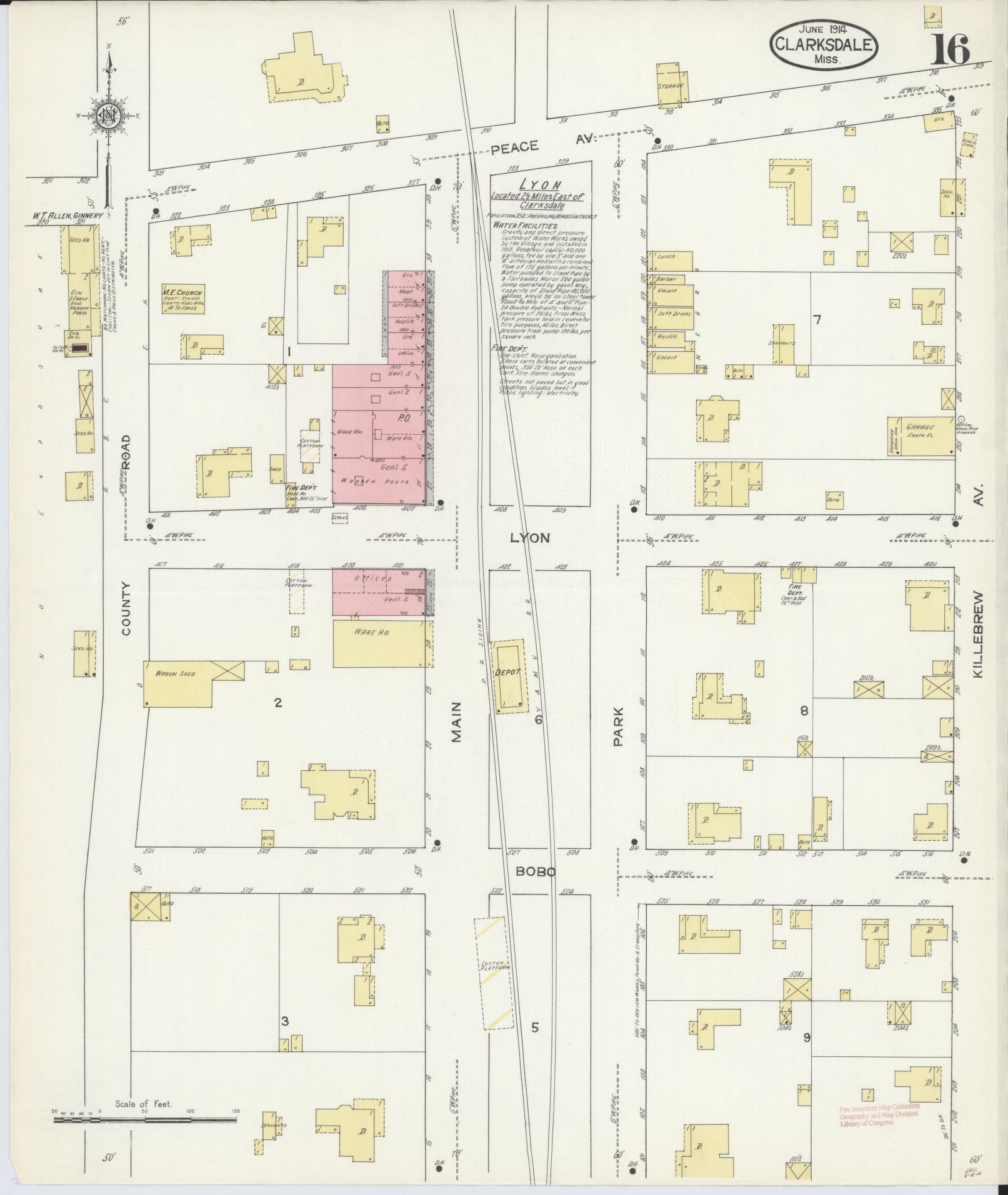 Sanborn Fire Insurance Map from Clarksdale, Coahoma County, Mississippi (1914), Sheet #0016 - Complete Map Set gallery image, historic Sanborn map, vintage wall art, Mississippi Mississippi