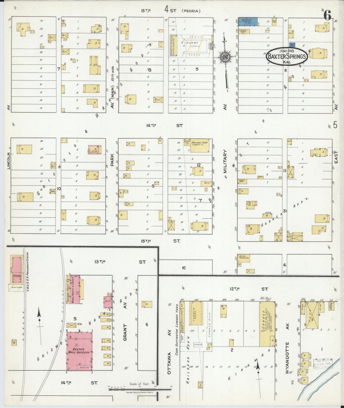 Sanborn Fire Insurance Map from Baxter Springs, Cherokee County, Kansas (1918), Sheet #0006 - Complete Map Set gallery image, historic Sanborn map, vintage wall art, Kansas Kansas
