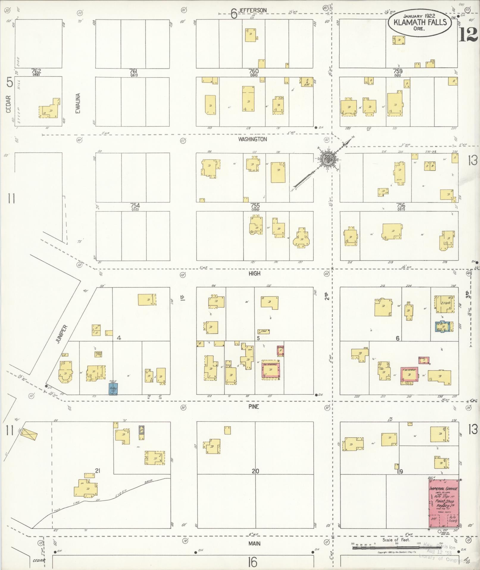 Sanborn Fire Insurance Map from Klamath Falls, Klamath County, Oregon (1921), Sheet #0012 - Historic Sanborn Fire Insurance Map Print, vintage old map wall art, antique decor, genealogy gift, Oregon Oregon map