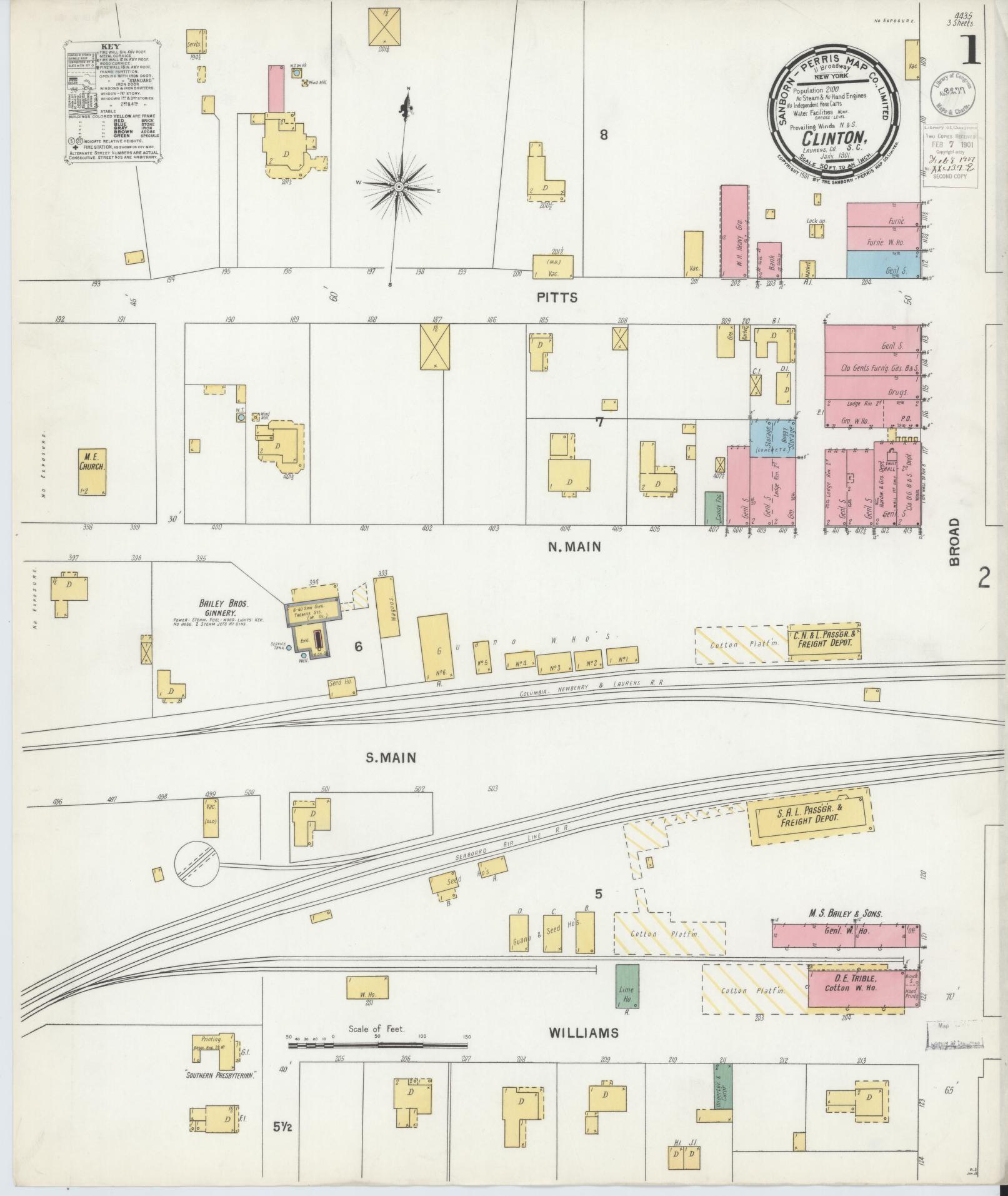 Sanborn Fire Insurance Map from Clinton, Laurens County, South Carolina (1901), Sheet #0001 - Historic Sanborn Fire Insurance Map Print, vintage old map wall art, antique decor, genealogy gift, South Carolina South Carolina map