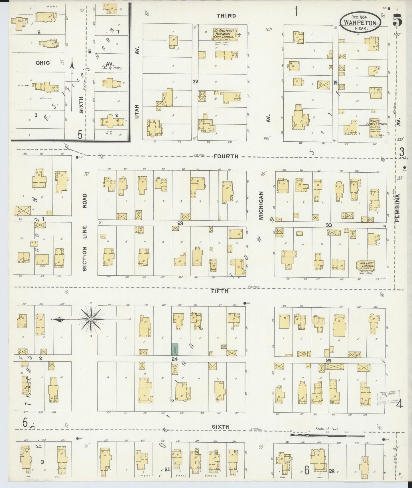Sanborn Fire Insurance Map from Wahpeton, Richland County, North Dakota (1904), Sheet #0005 - Historic Sanborn Fire Insurance Map Print, vintage old map wall art, antique decor, genealogy gift, North Dakota North Dakota map