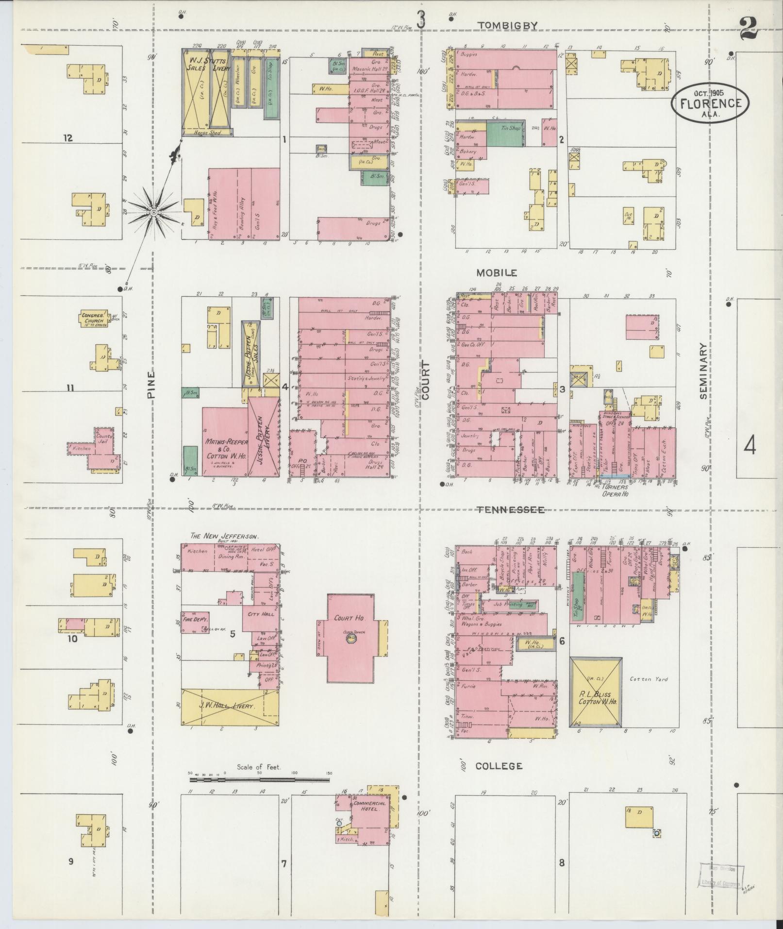 Sanborn Fire Insurance Map from Florence, Lauderdale County, Alabama (1905), Sheet #0002 - Historic Sanborn Fire Insurance Map Print, vintage old map wall art, antique decor, genealogy gift, Alabama Alabama map