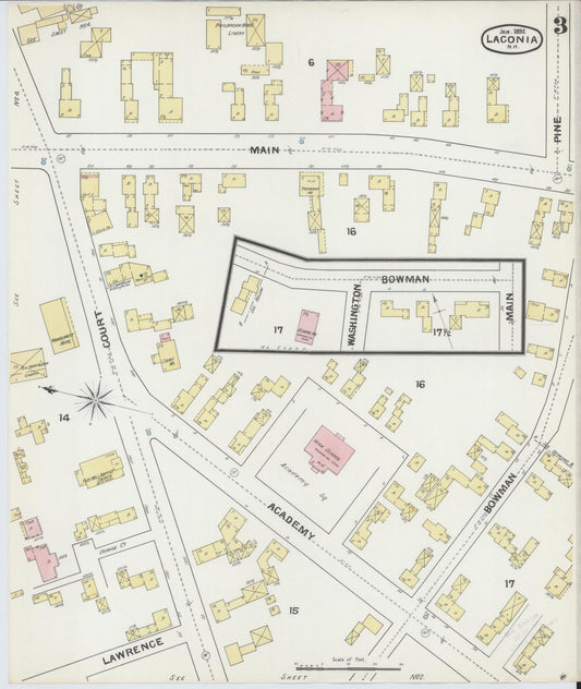 Sanborn Fire Insurance Map from Laconia, Belknap County, New Hampshire (1892), Sheet #0003 - Historic Sanborn Fire Insurance Map Print, vintage old map wall art, antique decor, genealogy gift, New Hampshire New Hampshire map