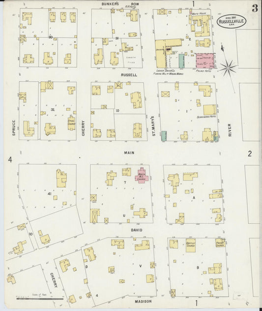 Sanborn Fire Insurance Map from Russellville, Pope County, Arkansas (1897), Sheet #0003 - Historic Sanborn Fire Insurance Map Print, vintage old map wall art, antique decor, genealogy gift, Arkansas Arkansas map
