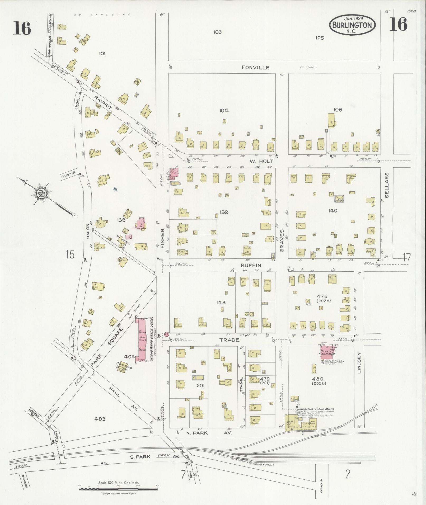 Sanborn Fire Insurance Map from Burlington, Alamance County, North Carolina (1929), Sheet #0016 - Historic Sanborn Fire Insurance Map Print, vintage old map wall art, antique decor, genealogy gift, North Carolina North Carolina map