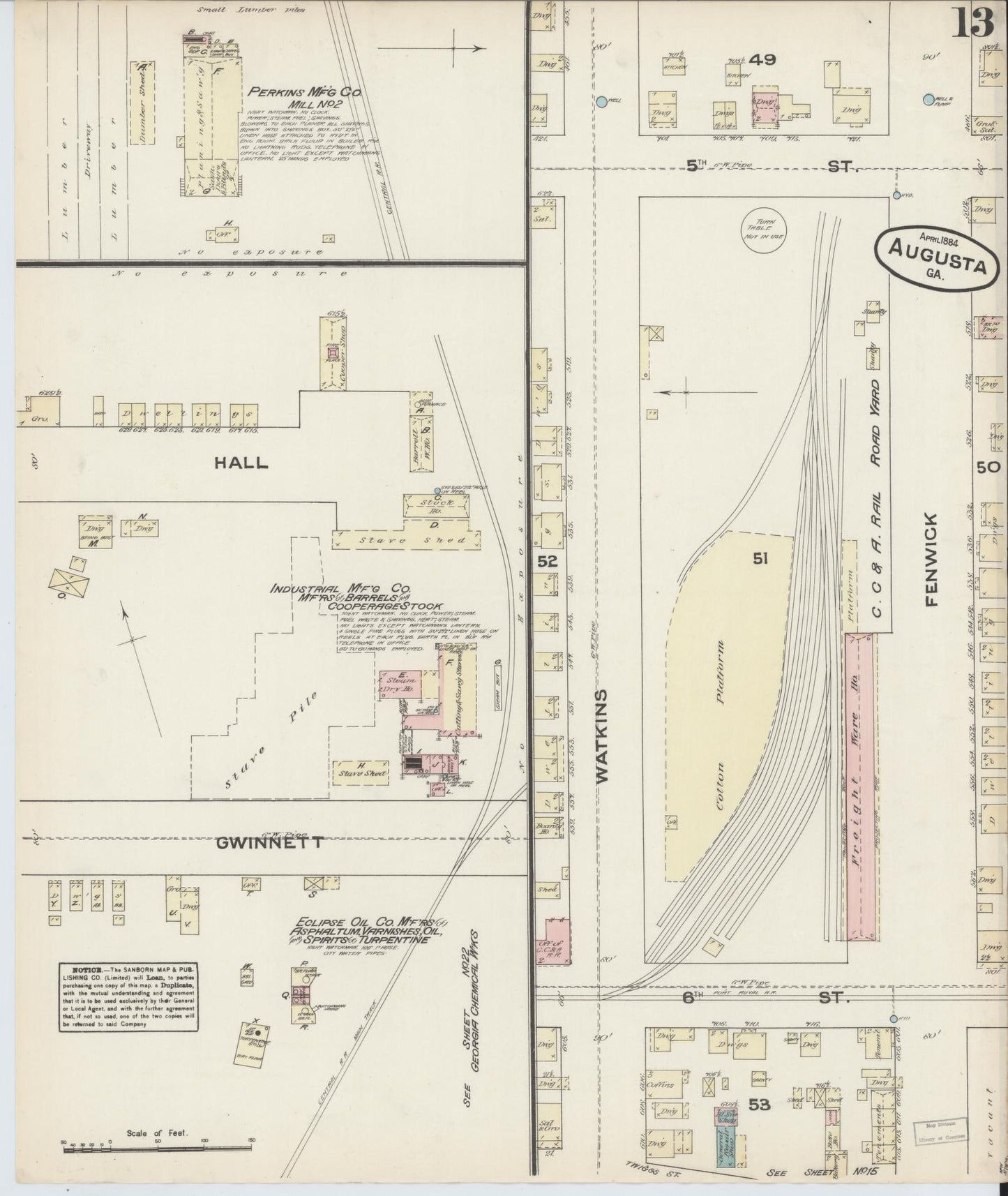 Sanborn Fire Insurance Map from Augusta, Richmond County, Georgia (1884), Sheet #0013 - Complete Map Set gallery image, historic Sanborn map, vintage wall art, Georgia Georgia