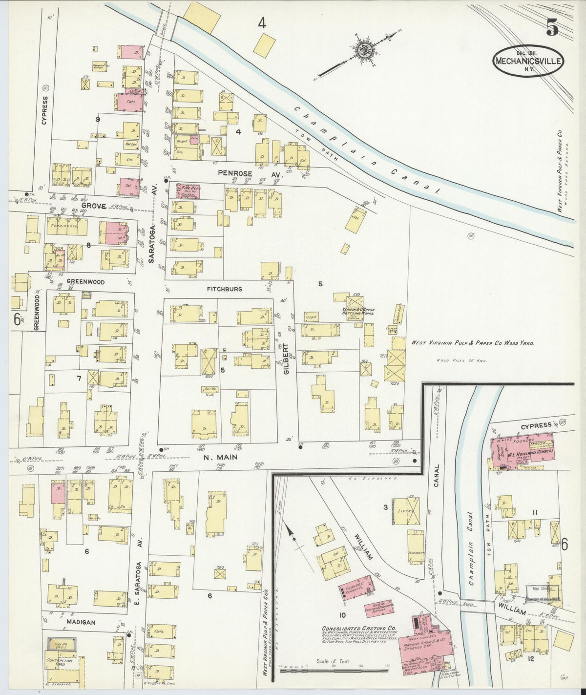 Sanborn Fire Insurance Map from Mechanicville, Saratoga County, New York (1911), Sheet #0005 - Historic Sanborn Fire Insurance Map Print, vintage old map wall art, antique decor, genealogy gift, New York New York map
