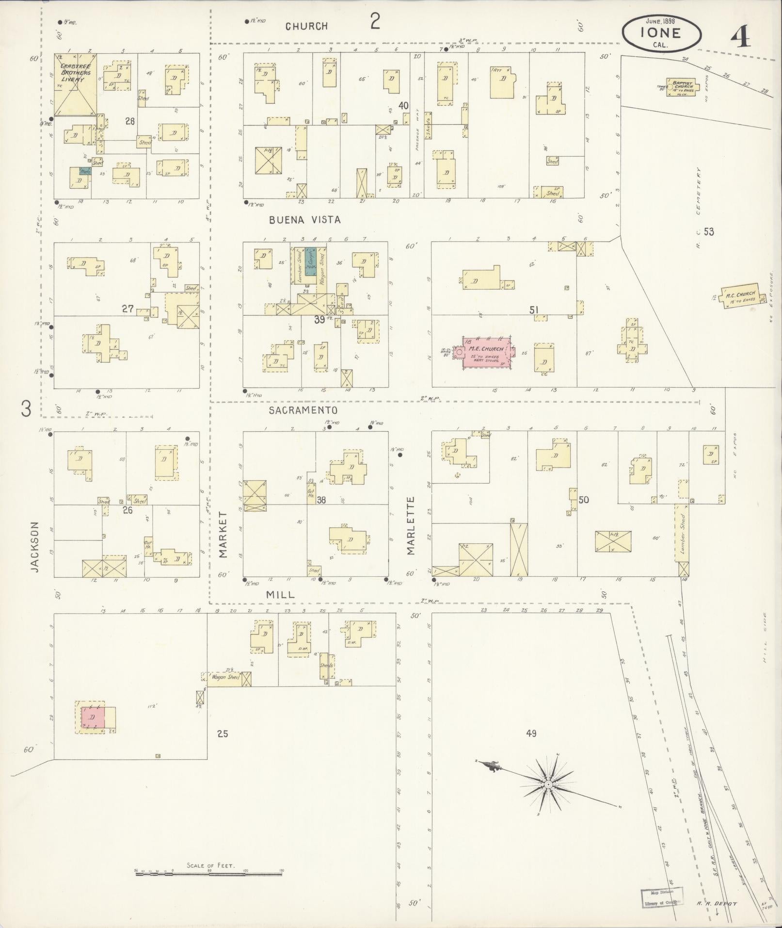 Sanborn Fire Insurance Map from Ione, Amador County, California (1898), Sheet #0004 - Historic Sanborn Fire Insurance Map Print, vintage old map wall art, antique decor, genealogy gift, California California map