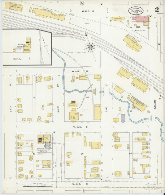 Sanborn Fire Insurance Map from Temple, Bell County, Texas (1905), Sheet #0002 - Historic Sanborn Fire Insurance Map Print, vintage old map wall art, antique decor, genealogy gift, Texas Texas map