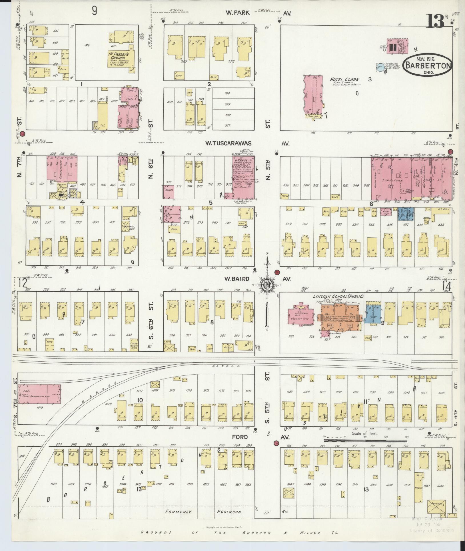 Sanborn Fire Insurance Map from Barberton, Summit County, Ohio (1916), Sheet #0013 - Historic Sanborn Fire Insurance Map Print, vintage old map wall art, antique decor, genealogy gift, Ohio Ohio map