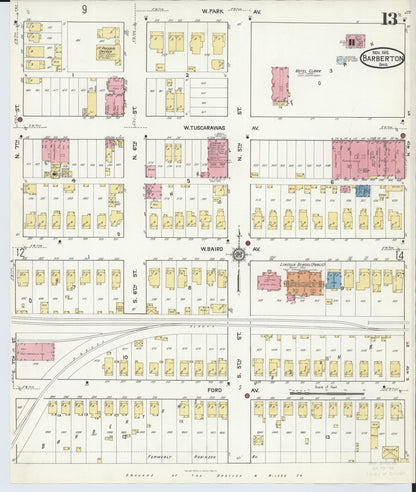 Sanborn Fire Insurance Map from Barberton, Summit County, Ohio (1916), Sheet #0013 - Historic Sanborn Fire Insurance Map Print, vintage old map wall art, antique decor, genealogy gift, Ohio Ohio map