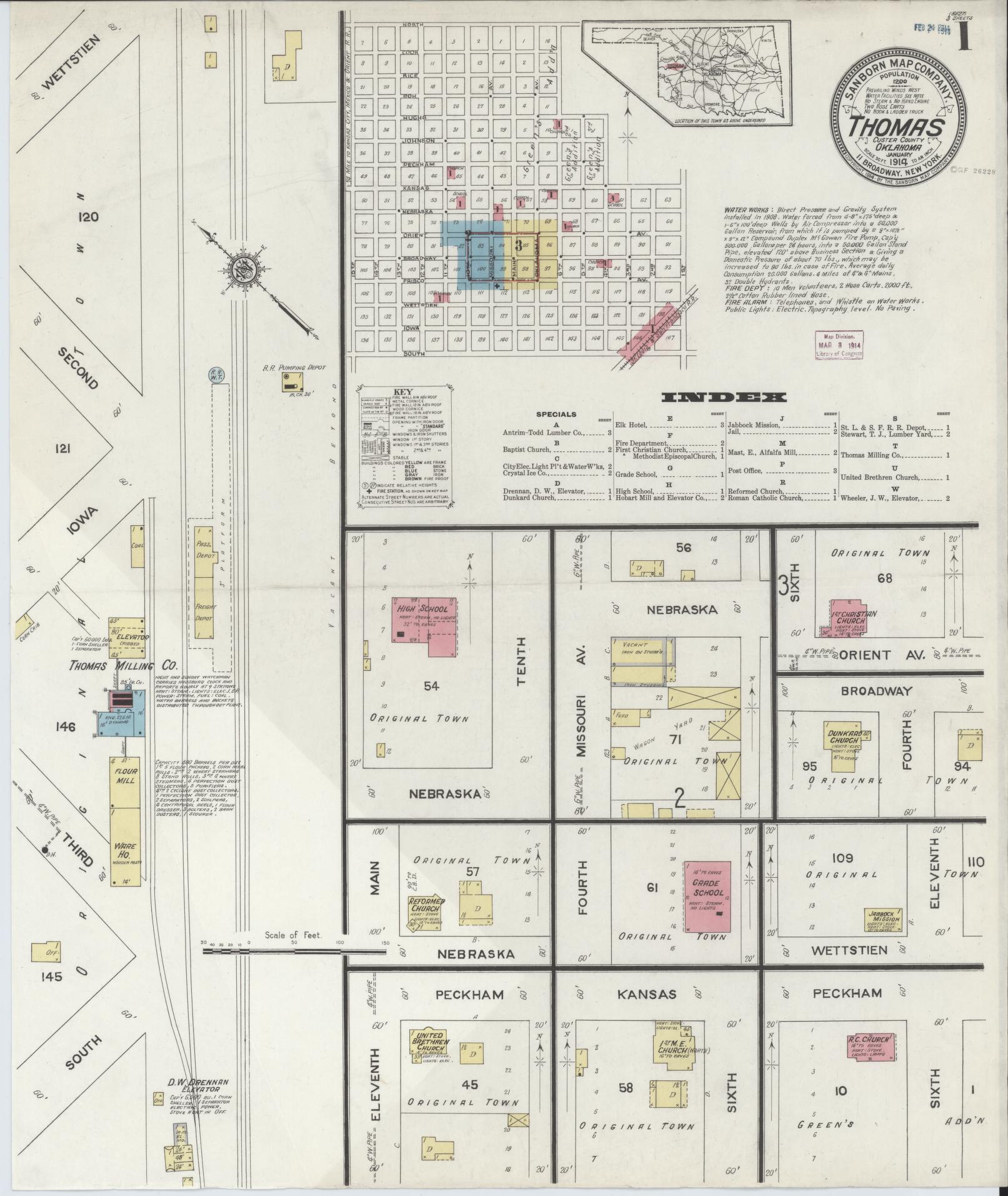 Sanborn Fire Insurance Map from Thomas, Custer County, Oklahoma (1914), Sheet #0001 - Complete Map Set gallery image, historic Sanborn map, vintage wall art, Oklahoma Oklahoma