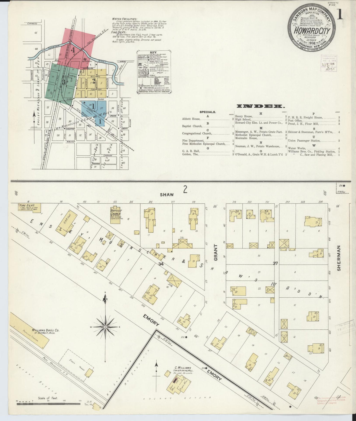 Sanborn Fire Insurance Map from Howard City, Montcalm County, Michigan (1908), Sheet #0001 - Historic Sanborn Fire Insurance Map Print, vintage old map wall art, antique decor, genealogy gift, Michigan Michigan map