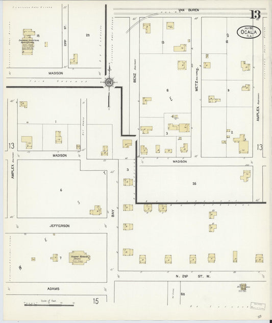 Sanborn Fire Insurance Map from Ocala, Marion County, Florida (1912), Sheet #0013 - Historic Sanborn Fire Insurance Map Print, vintage old map wall art, antique decor, genealogy gift, Florida Florida map