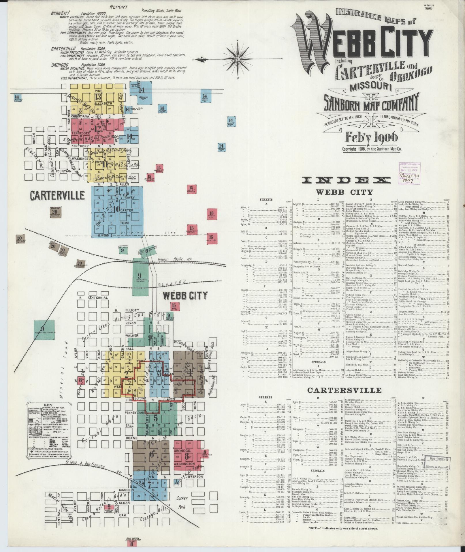 Sanborn Fire Insurance Map from Webb City, Jasper County, Missouri (1906), Sheet #0001 - Complete Map Set gallery image, historic Sanborn map, vintage wall art, Missouri Missouri